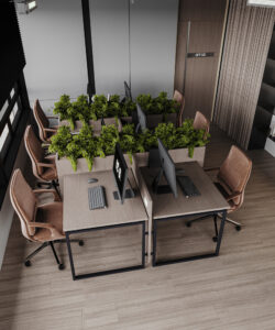 Contemporary Dubai office interior featuring dual workstations, green plant dividers, computers, ergonomic chairs, wooden flooring, and a door marked “OFFICE.” Caption: Sleek and functional Dubai office space with ergonomic seating, greenery between desks, and minimalist design—by House of Kalaa. Description: This smart office layout by House of Kalaa merges productivity with natural design. Four ergonomic workstations are paired with lush green desk dividers, infusing the space with calm and visual interest. Set on wooden floors with a modern neutral palette, the space promotes focus and wellness. Ideal for “Dubai office interior design,” “green biophilic workspaces UAE,” and “modern ergonomic office planning.” Want this formatted for a services page, Google Business listing, or LinkedIn feature? I’m ready when you are.