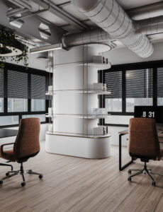 Modern office interior featuring circular shelving around a column, brown swivel chairs, wooden flooring, large windows with blinds, and exposed ceiling ducts—by House of Kalaa.
