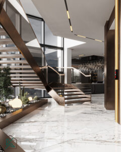 Elegant Dubai living space featuring a modern staircase with metal railings, marble flooring, decorative planter, and ambient lighting—designed by House of Kalaa.