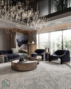 Dubai living room featuring a crystal chandelier, gray sectional sofa, round coffee table, abstract artwork, and large windows—designed by House of Kalaa.