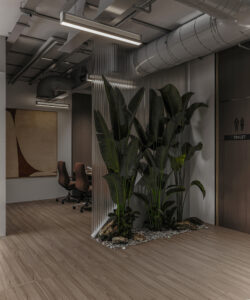 Modern office in Dubai featuring large indoor plants, ergonomic chairs, wooden flooring, workstation setup, and a marked toilet entry—designed by House of Kalaa.