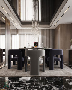 Dubai dining room featuring a round table with six designer chairs, crystal chandelier, marble flooring, and wood-paneled walls—designed by House of Kalaa.