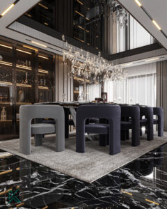 Dubai home interior featuring a curved staircase with metal railings, marble flooring, ambient lighting, and decorative planter—designed by House of Kalaa.