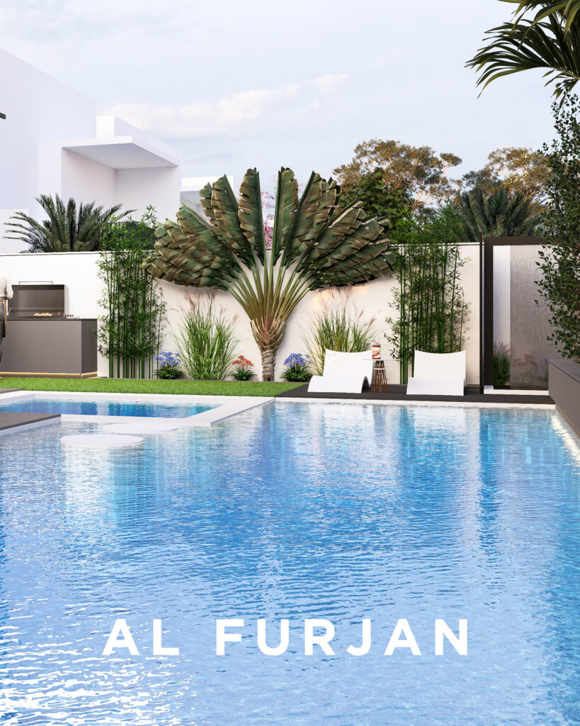 Vibrant Dubai poolside landscape featuring a tropical garden, modern seating, built-in barbecue, palm trees, and ambient lighting—by House of Kalaa.
